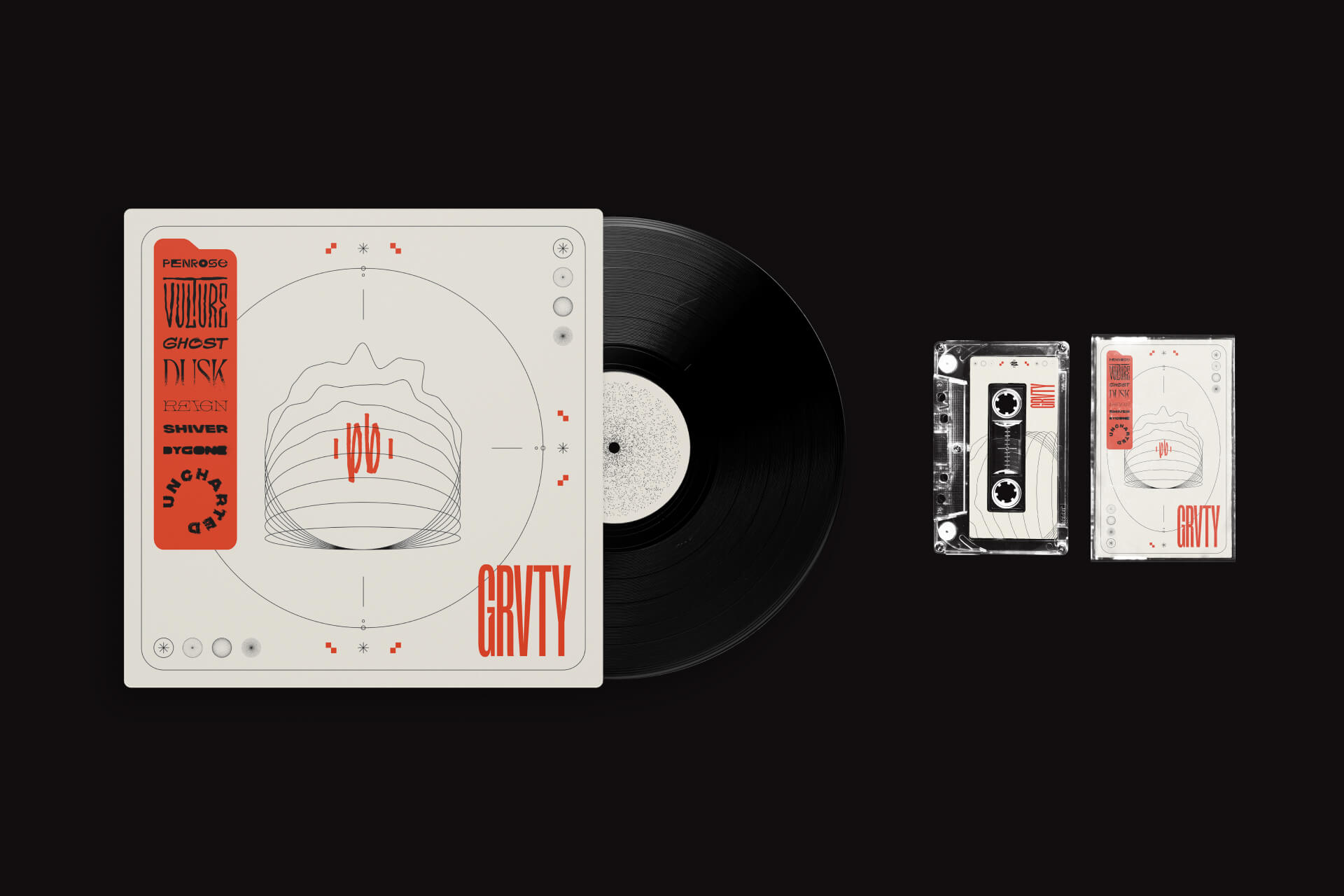 GRVTY artwork on vinyl and casette